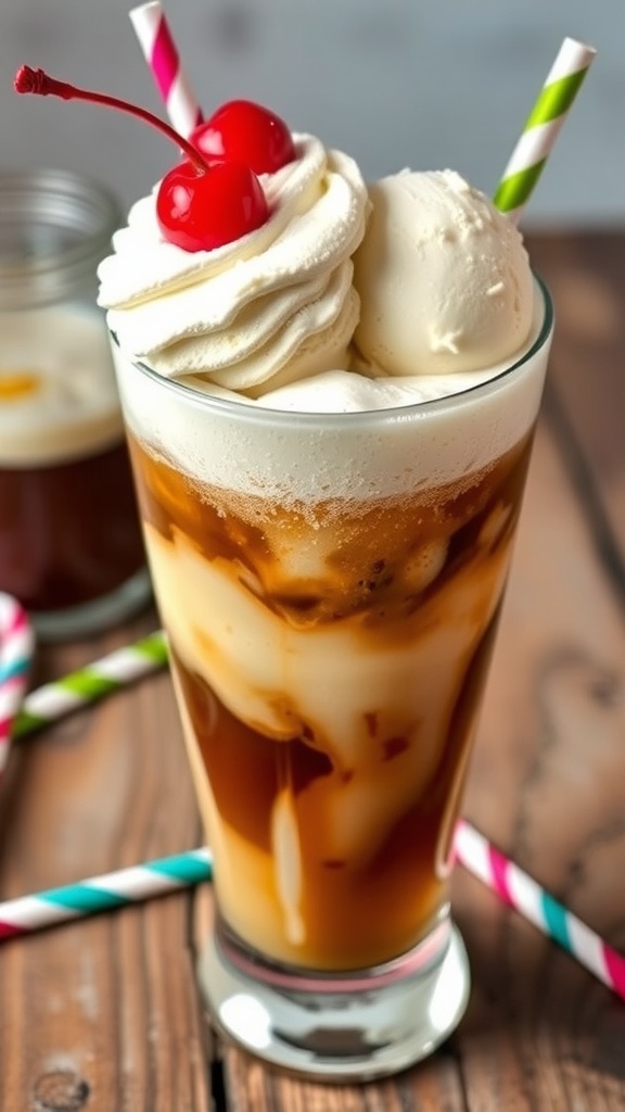 Refreshing Ice Cream Float Recipe A refreshing ice cream float with vanilla ice cream and root beer, topped with whipped cream and a cherry.